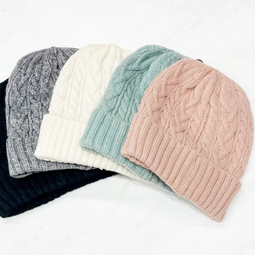 NEW Women's Cozy Warm Cable Knit Cuffed Classic Beanie Hat Mint, Gray, Ivory 1pc